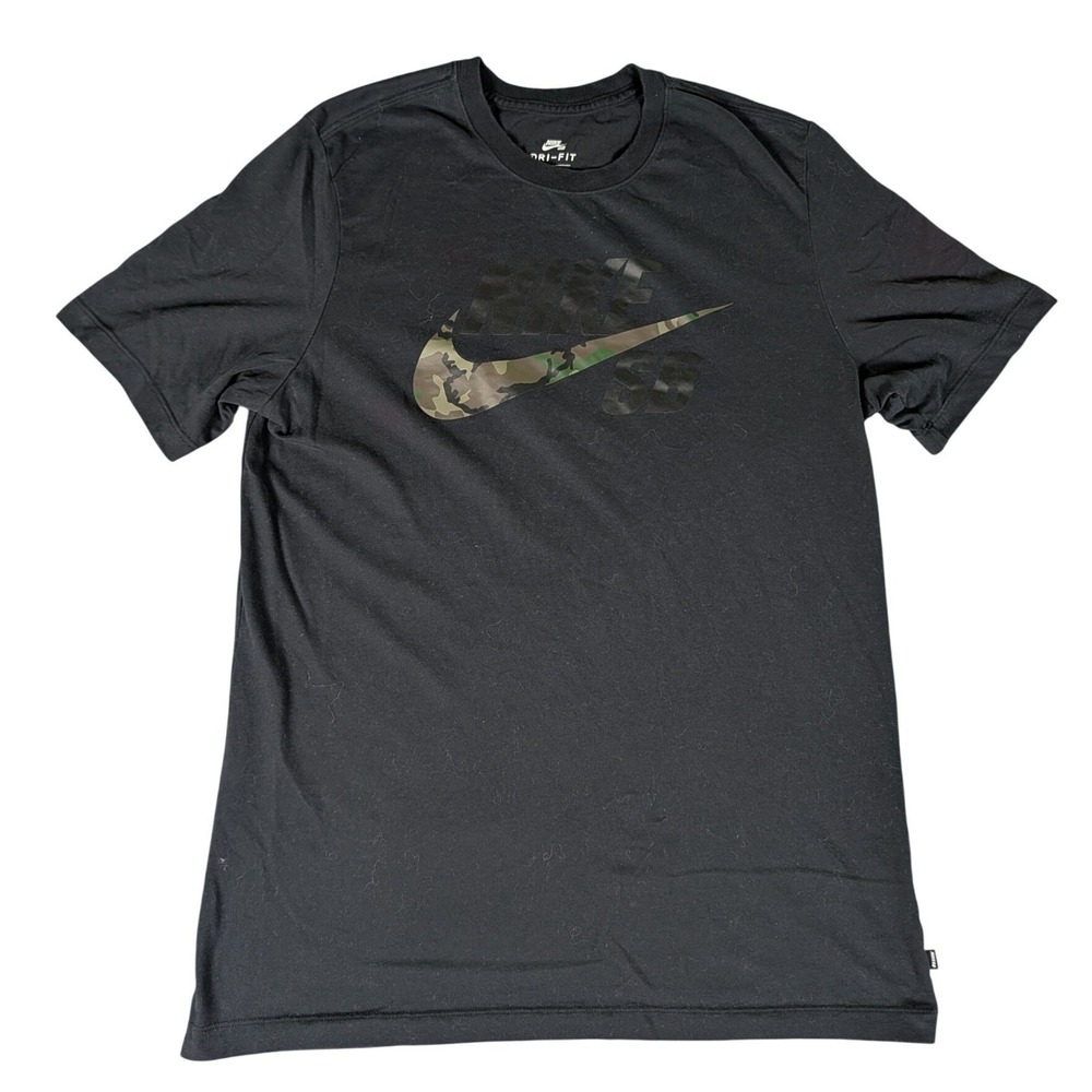 Nike SB Dri-FIT T-Shirt Mens Black Camo Swoosh Logo Skateboarding Tee L